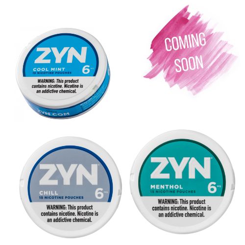 ZYN Nicotine Pouches in 3mg and 6mg strengths, featuring a variety of flavors including Wintergreen, Peppermint, Cinnamon, Spearmint, Cool Mint, Coffee, Citrus, Menthol, Smooth, and Chill. Smoke-free, hands-free, and spit-free nicotine pouches.