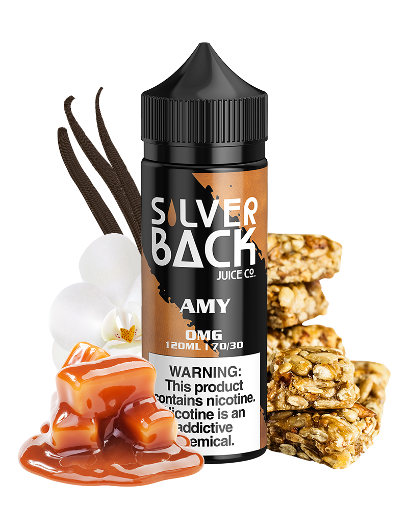 Nicotine-free Silverback Juice Co 120ml vape juice, featuring flavors like Amy, BooBoo, and Jenny. Made in the USA for a smooth vape experience.