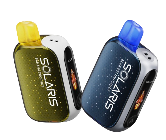 Eco-friendly Solaris Disposable Vape 5-Pack with 25,000 Puffs, Solar Charging, and Dual Mesh Coil. Enjoy Banana Coconut flavor by Texas Central Distribution.