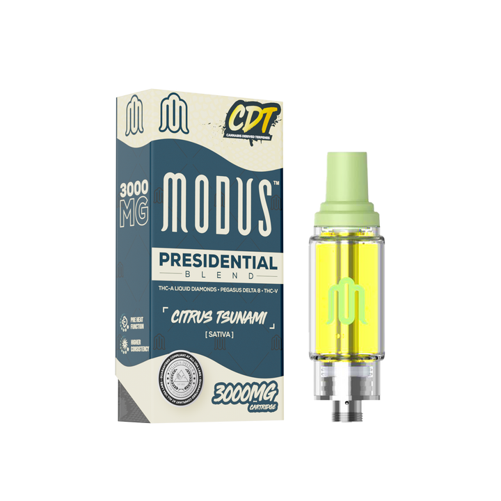 MODUS Presidential Blend 5-Pack Cartridges, featuring 3G THC-A Liquid Diamonds & PEGASUS Delta 8 THC-V, with Citrus Tsunami flavor. View COAs.