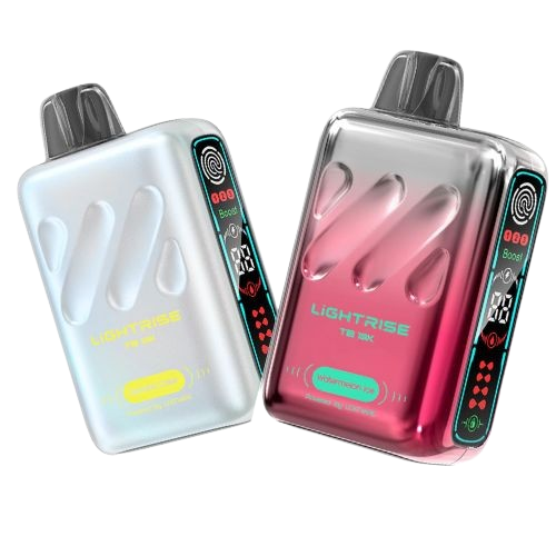 Lost Vape Lightrise TB 18K 5-Pack by Azamour Ventures: 700mAh, USB-C, LED display, 18mL, 18000 puffs, 50mg nicotine, adjustable airflow, 3 settings.