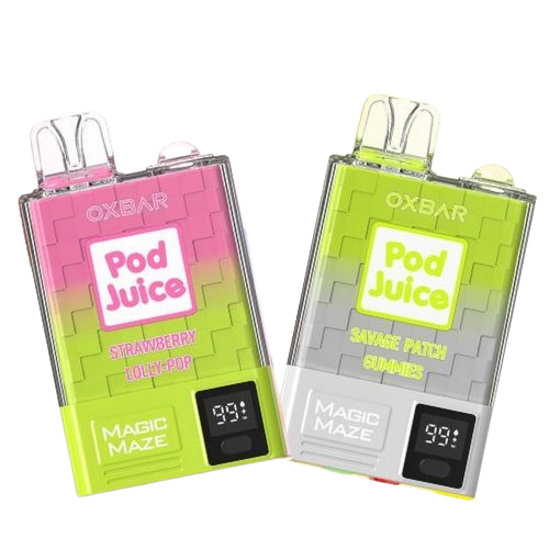 OXBAR X Pod Juice Magic Maze Pro 5-pack disposable vape with 10,000 puffs, 5% nicotine, adjustable airflow, and type-C charging by Adyah Wholesale.