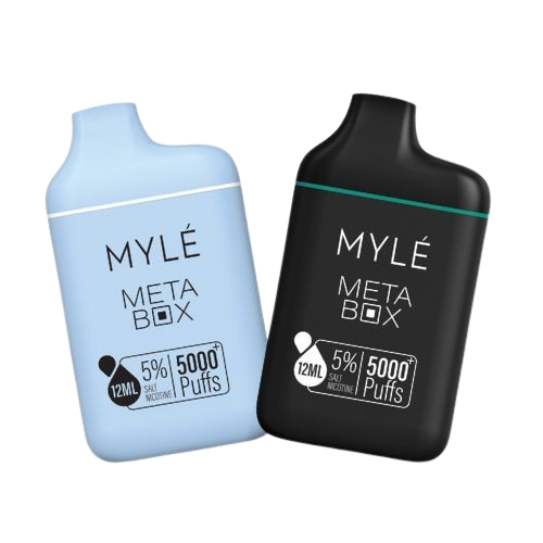 MYLÉ META BOX 5000 Puffs by Blitz Distro: Compact, sleek 10-pack disposable vapes with mesh coil, 12ml tank, rechargeable. Flavor: Black Ice, 50MG.