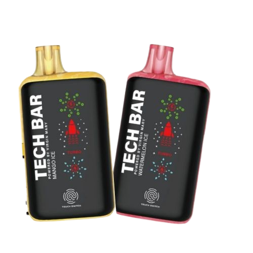 Tech Bar 25000 Puffs 5-Pack: High-capacity vape with adjustable airflow, dual mesh coils, and a variety of flavors including Watermelon Ice.