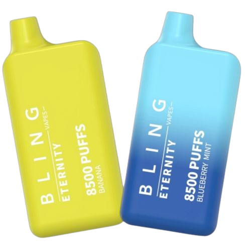 Bling ETERNITY 8500 5-Pack: Pre-filled vape pods with 5% salt nicotine, rechargeable, 8500 puffs, 16ml e-juice in 17 flavors. Ideal for on-the-go vaping.