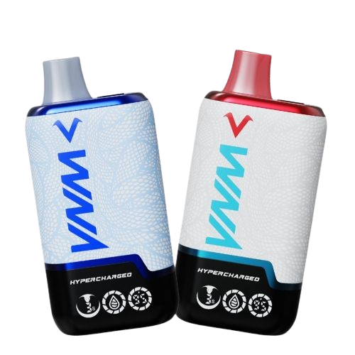 VNM Hypercharged VM25000 5-Pack in Blue Razz Ice, 50MG: A disposable vape with 20mL e-liquid, 850mAh battery, dual-mesh coils, and LED indicators for 25K puffs.