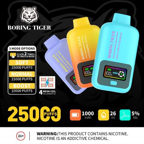 Boring Tiger 25000 Disposable Vape with a variety of flavors like Alaskan Ice and Blue Razz Ice