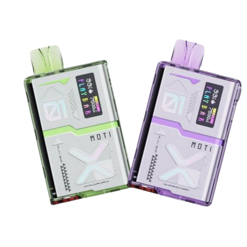 MoTi Play Bar 7500 Disposable Vape 5-Pack in California Cherry, 50MG nicotine. Features 14mL e-liquid, 700mAh battery, 7500 puffs, and adjustable airflow.