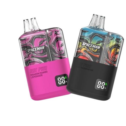 Compact Spaceman 10K Pro by Smok: 5-pack, 10,000 puffs, 16ml e-liquid, 800mAh, mesh coil, USB-C, adjustable airflow, mango flavor.