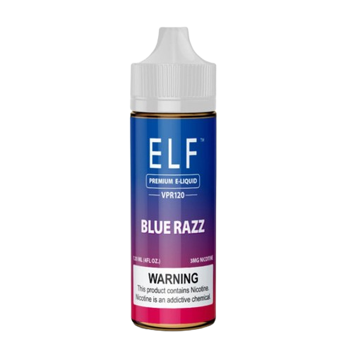 ELF VPR120 Blue Razz E-Liquid by Elf Group - 120ML bottle with options of 0mg, 3mg, 6mg nicotine. Perfect 70/30 VG/PG for thick vapor clouds.