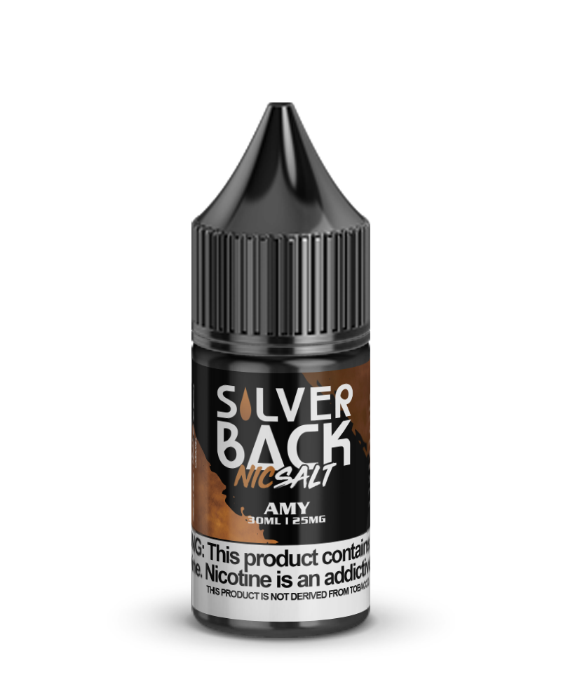Silverback Salt E-Liquid 30ml by Silverback Juice Co., featuring unique flavors like Amy with vanilla, caramel, and peanut butter notes.