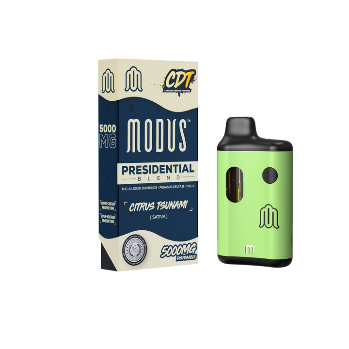 Modus Presidential Blend Disposable 5 Pack featuring 5G THC-A Liquid Diamonds, Pegasus Delta 8, THC-V, with Citrus Tsunami flavor. COAs available.