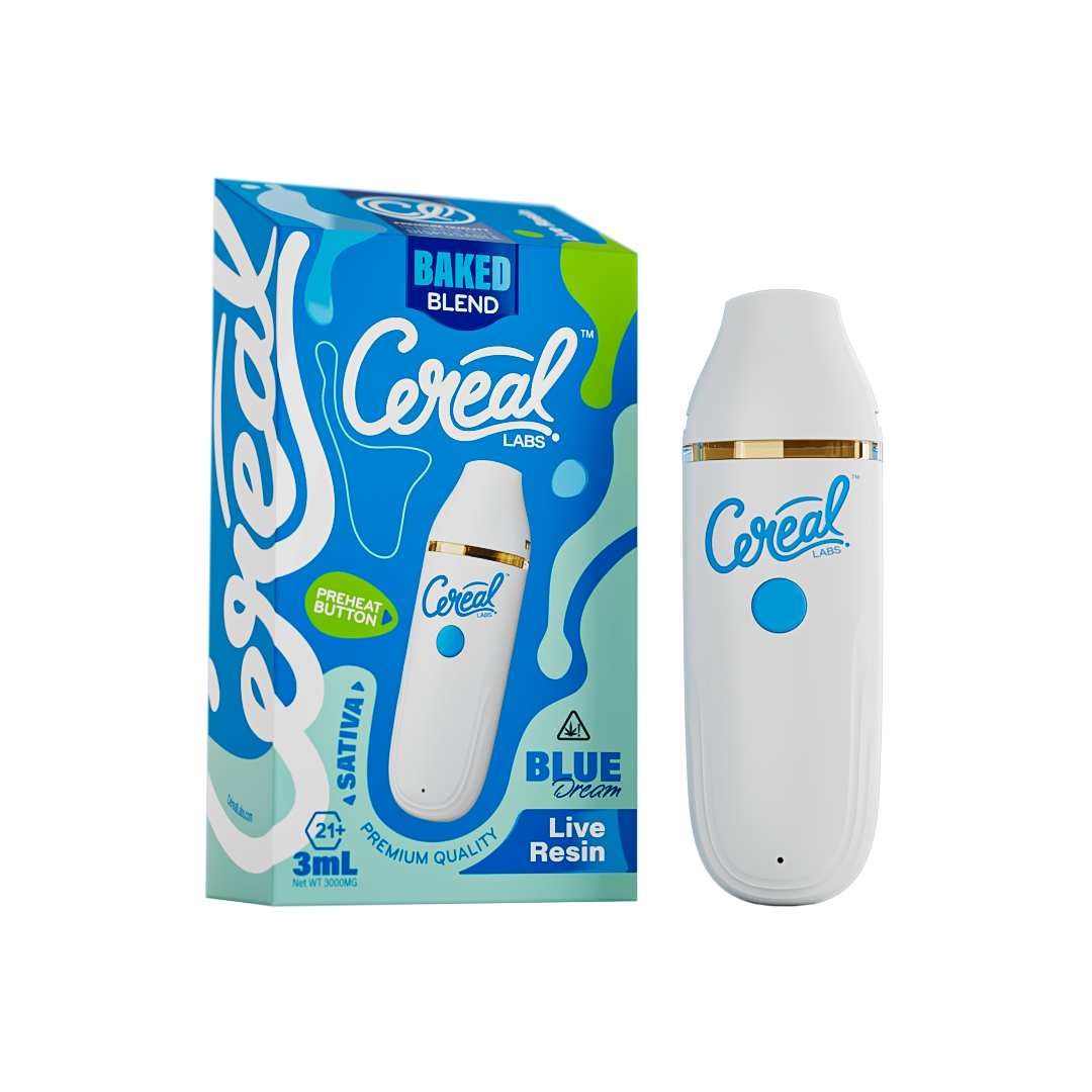 Cereal Labs Baked Blend 3G Disposable Vape in ergonomic design with LED indicator, featuring THC & Delta-8 in 10 flavors. Perfect for tastebud delight.