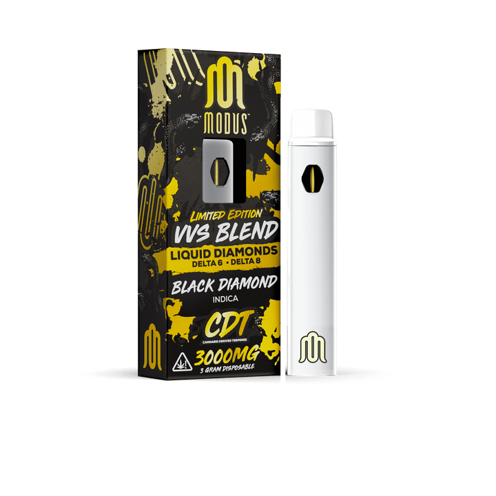 VVS Blend Disposable 5 Pack by MODUS BRAND featuring 3G THC-A Liquid Diamonds, Delta 6 & Delta 8, in Black Diamond. COAs available.