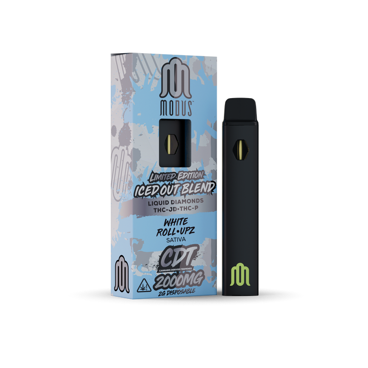 MODUS Iced Out Blend Disposable 5 Pack: 2G THC-A, THC-JD, Delta 8, THC-P Liquid Diamonds. Click for COAs. Sleek white design.