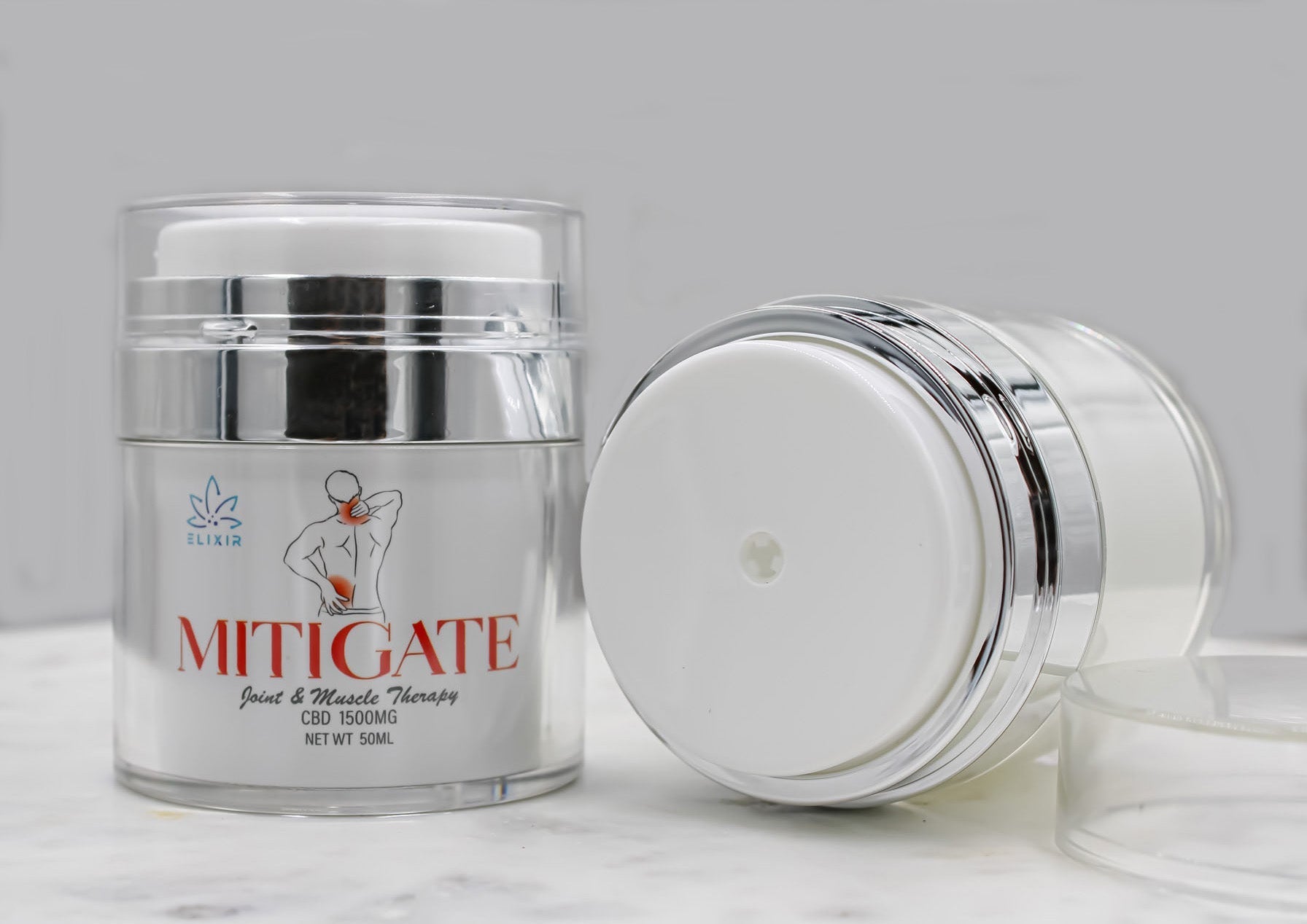 Mitigate 50ml pack by Blitz Distro for muscle/joint therapy: hypoallergenic, non-greasy formula with hemp extracts for pain relief.
