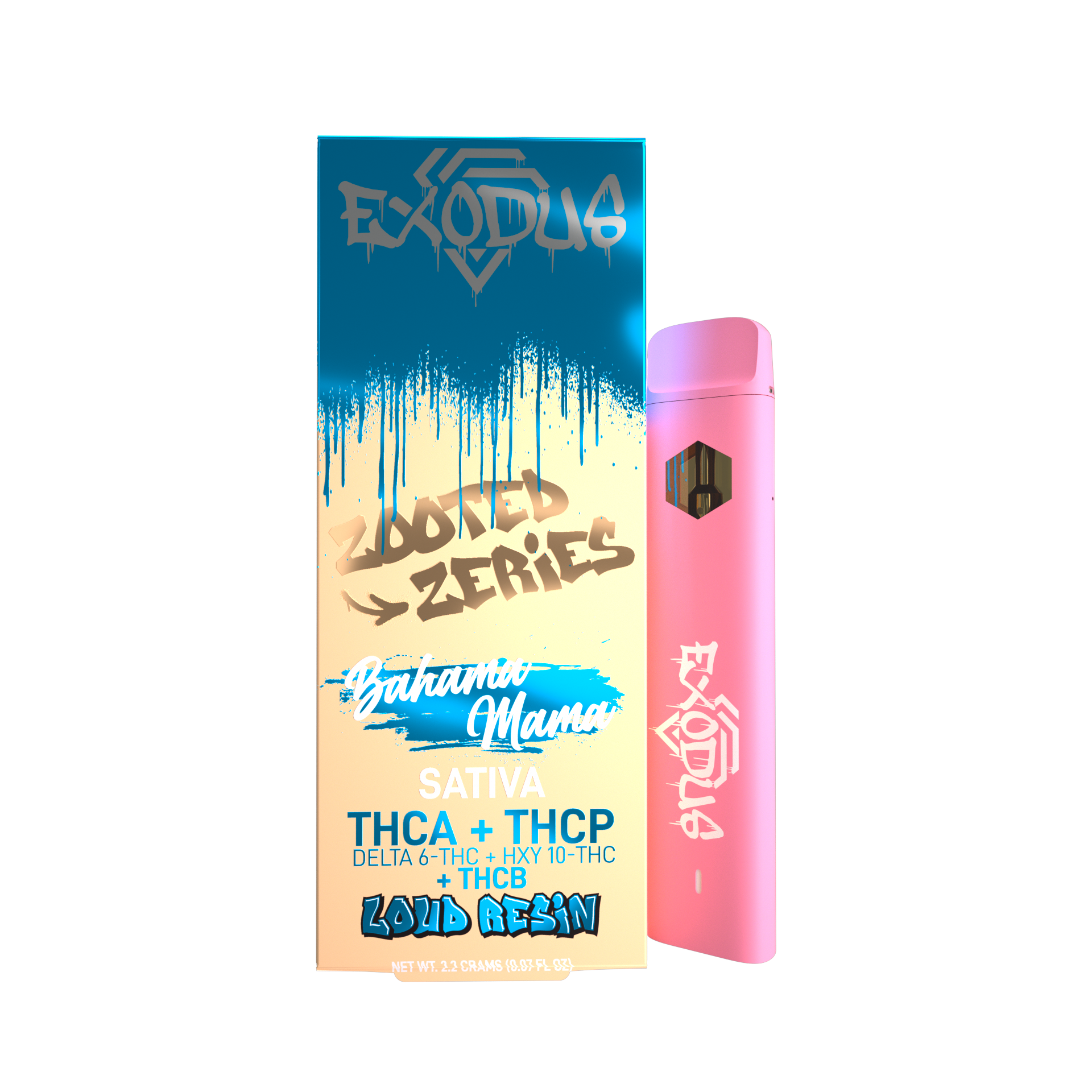 Exodus Zooted Series 2.2G Disposable: High-potency Delta 6 THC blend, includes Berry Gelato. Perfect for an elevated experience.