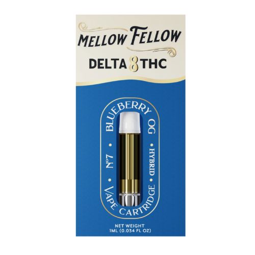 Mellow Fellow Delta 8 Cartridge: 1ml Blueberry OG, energizing effects with earthy, woody, and sweet notes. High-quality, balanced high. #Delta8 #MellowFellow