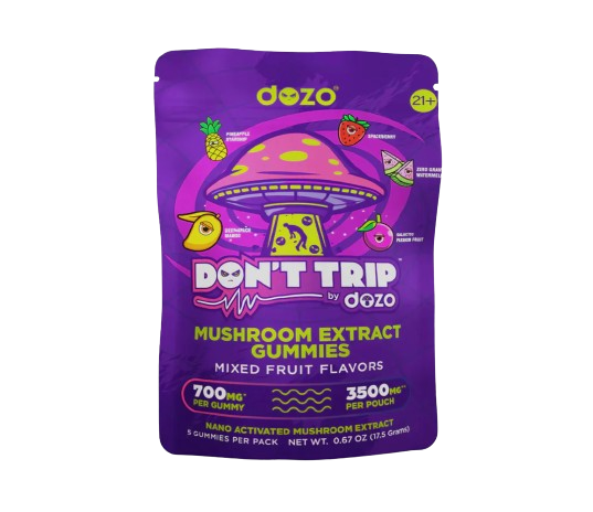 DOZO 3.5G Don't Trip Mushroom Gummies pack with THCP & Amanita Muscaria blend, offering fast-acting, potent effects in 5 flavors. Vegan & lab-tested.